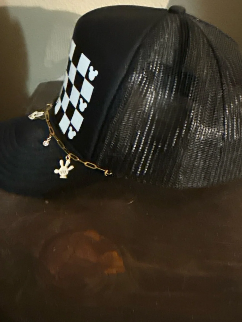 Checkerboard Cap with Mickey Charm Chain